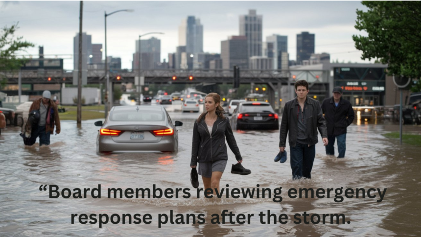 “School bus navigating flooded roads during Monday’s storm.” 5. “Parents waiting for updates on school closures after severe weather.” 6. “Board members reviewing emergency response plans after the storm.”