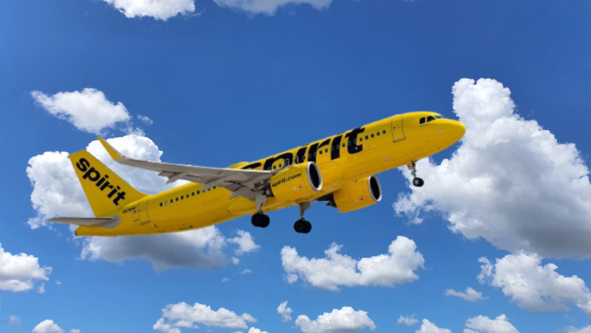 Spirit Airlines jet parked at the airport amid bankruptcy news